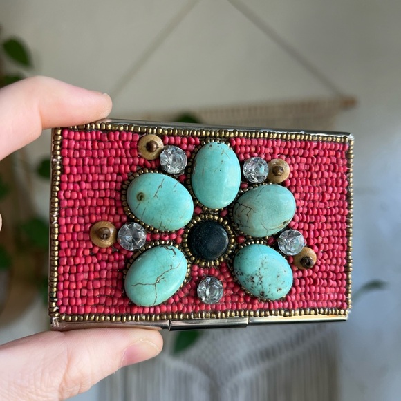 Handcrafted Beaded Boho Turquoise Business Card Holder Wallet Case - Picture 1 of 8